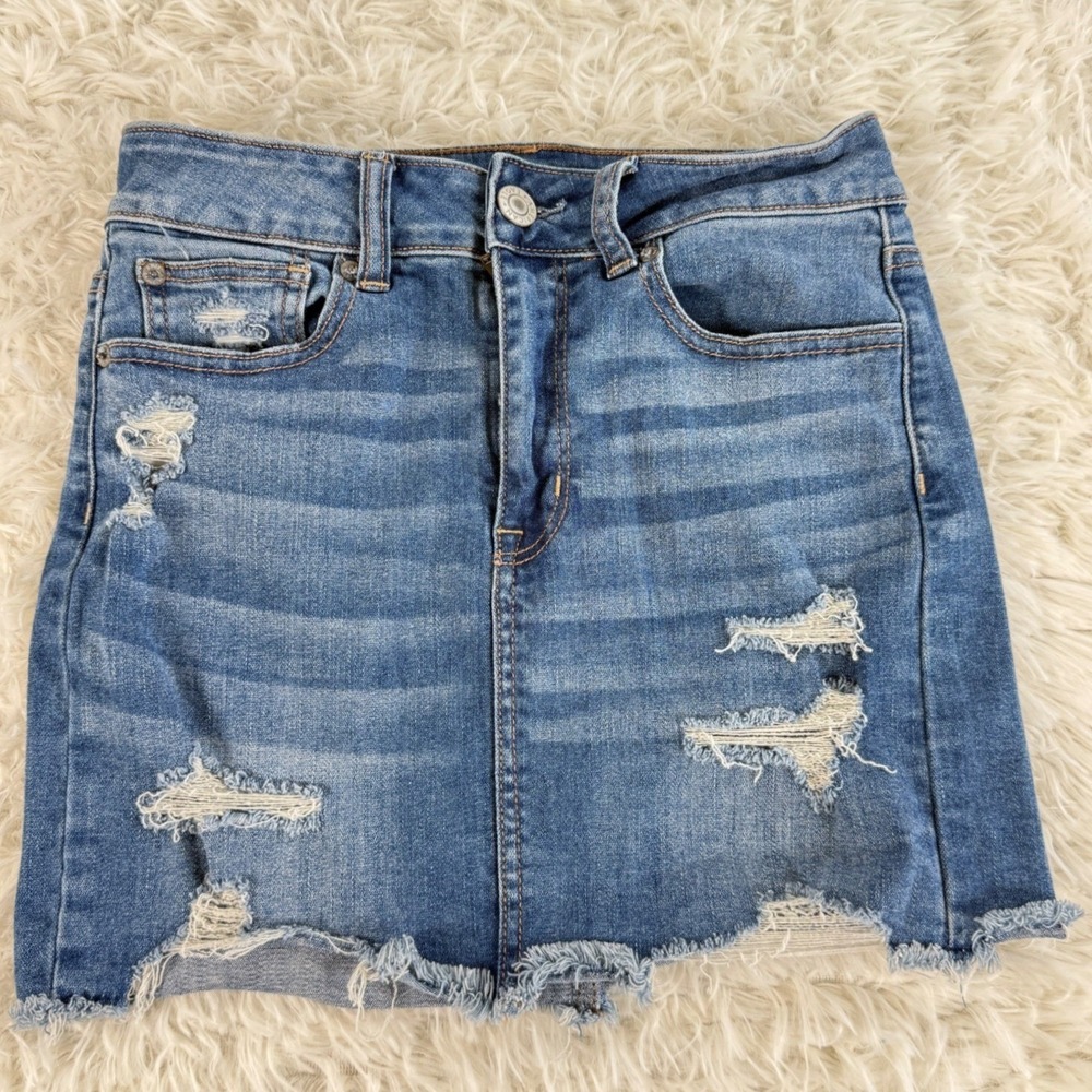 American‎ Eagle Hi-Rise Mini Denim Skirt Size 4 Blue Stretch Distressed Y2K